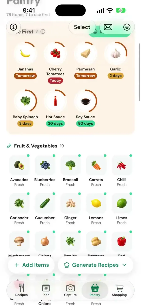 Pantry grid showing each ingredient’s freshness