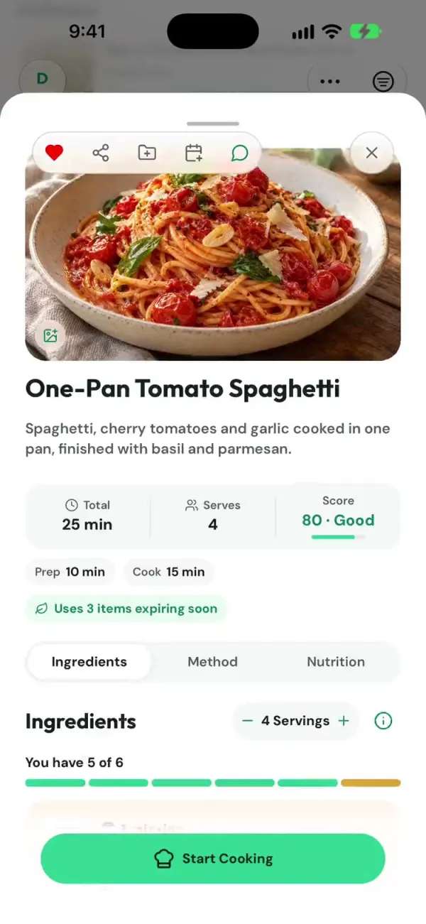 One-pan tomato spaghetti recipe with a score of 80