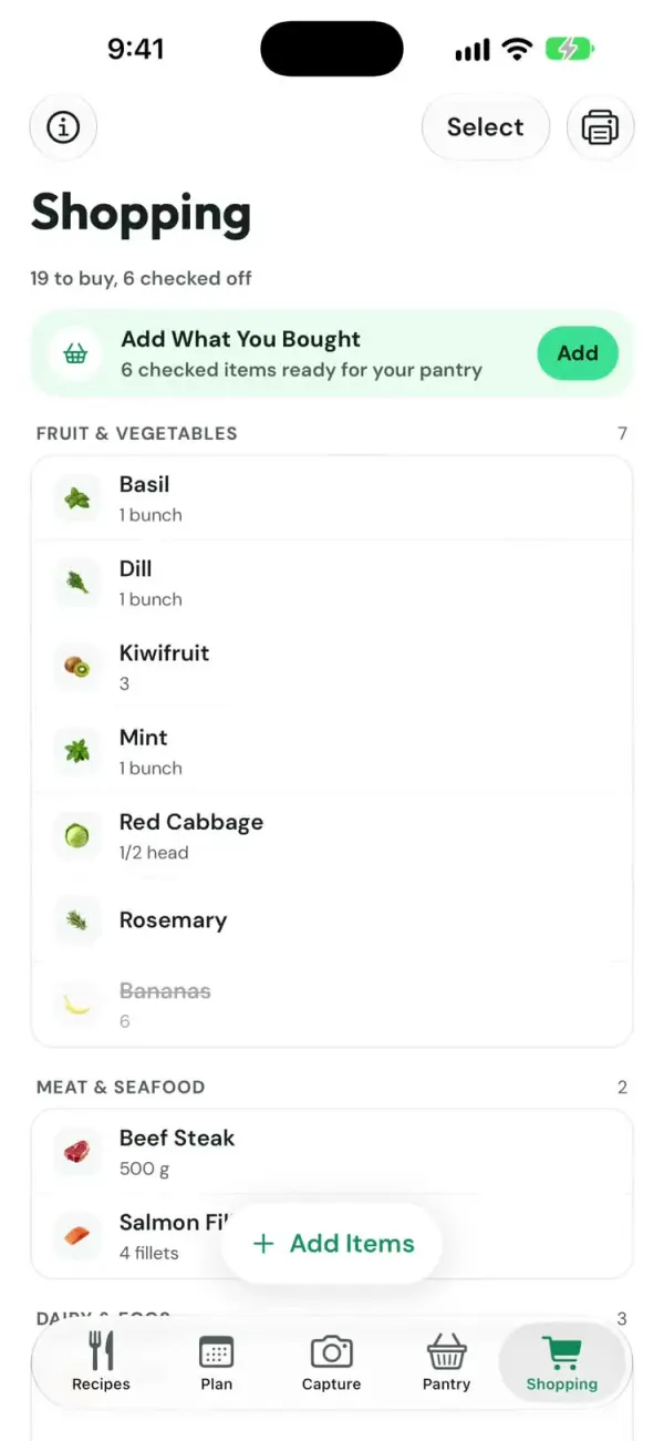 Shopping list grouped by aisle