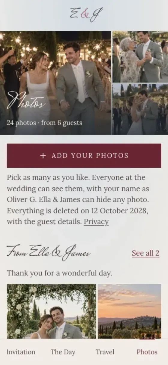 yourwedding.app guest photo album on a phone